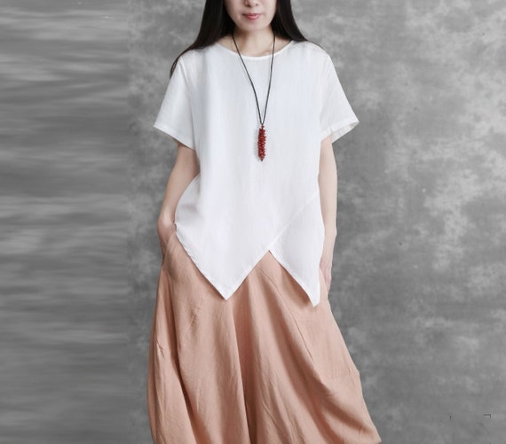 Women's linen tops cotton linen blouses oversized shirt short sleeves tops loose casual spring and summer top Custom plus size clothing N187
