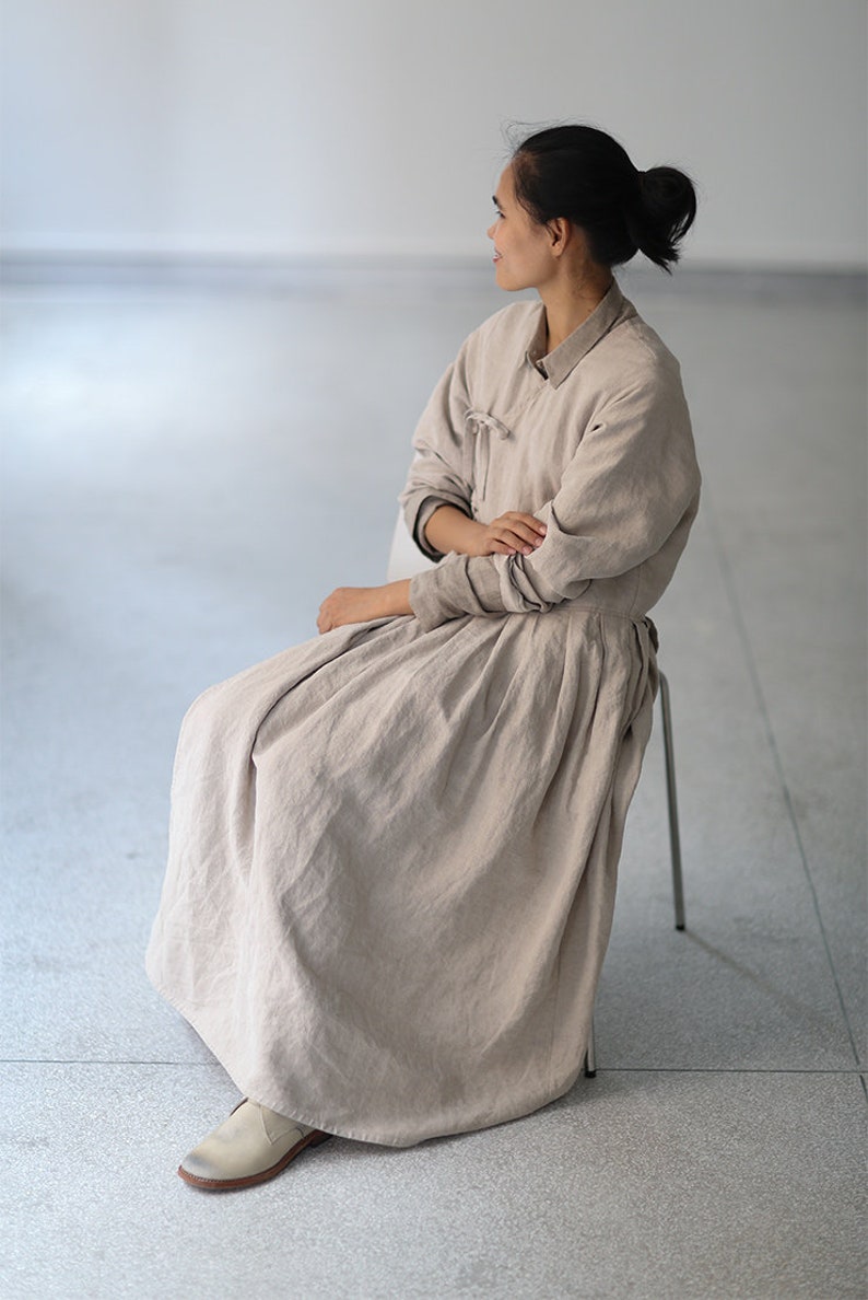 Women's linen dress, long sleeves dress, linen maxi dress, loose casual fall dress, oversized long dress, long robe, plus size dress N144 image 8