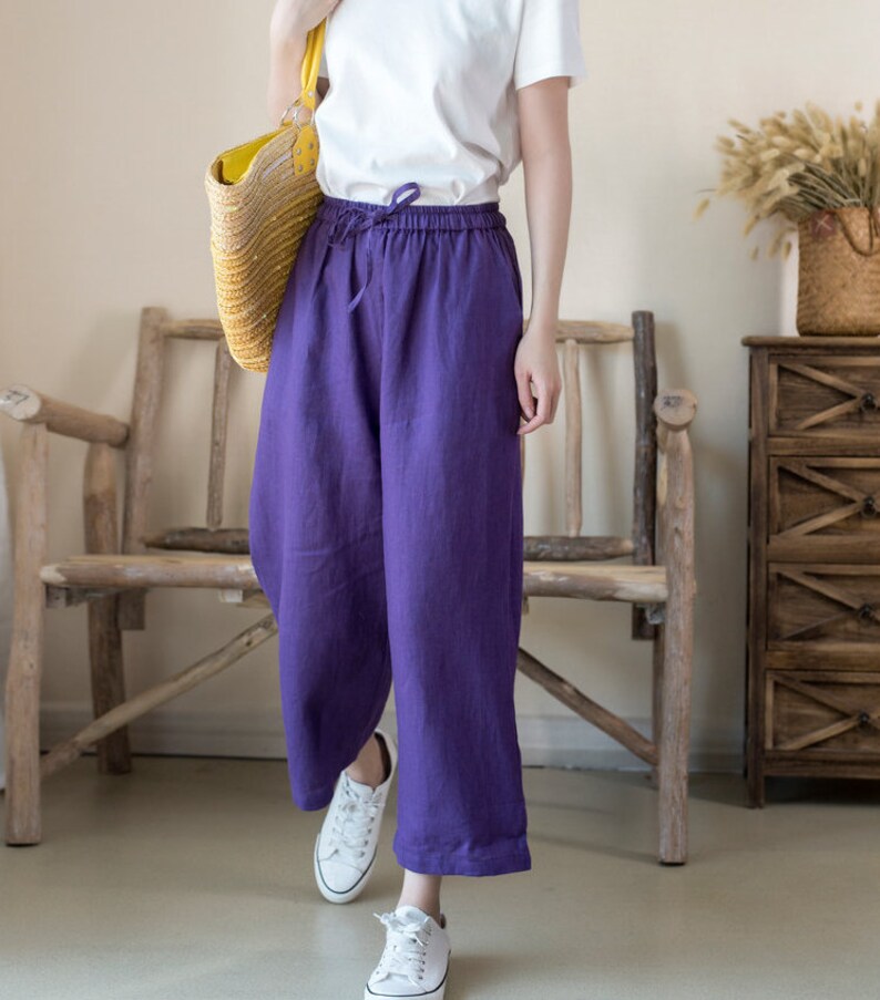 Linen pants women's trouser linen wide leg pants loose casual cropped trousers fall spring custom hand made pants plus size pants N05-6 image 3