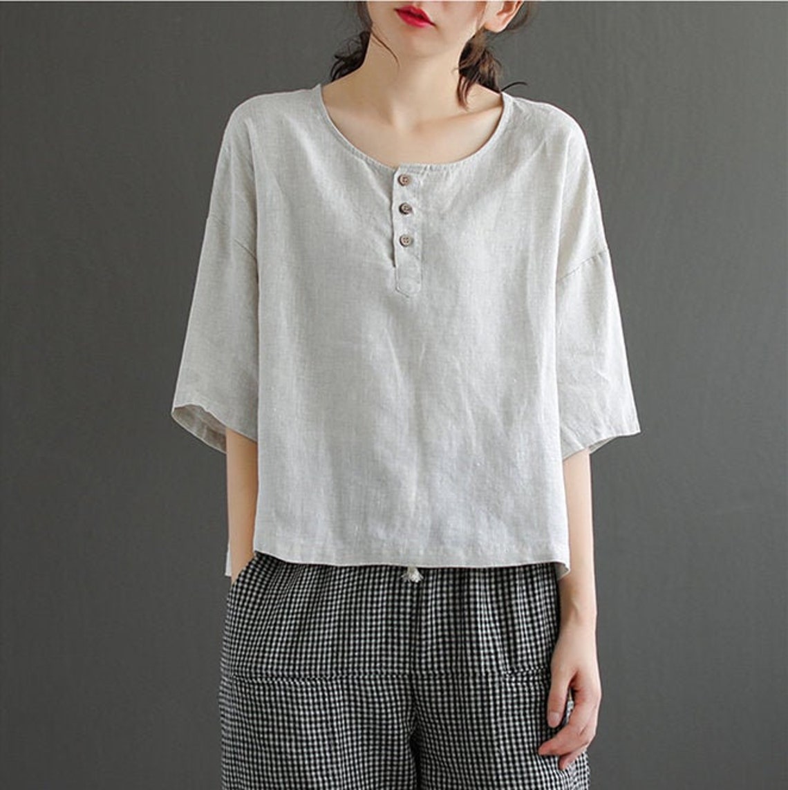 Women's pure linen tops short sleeves shirt loose linen | Etsy
