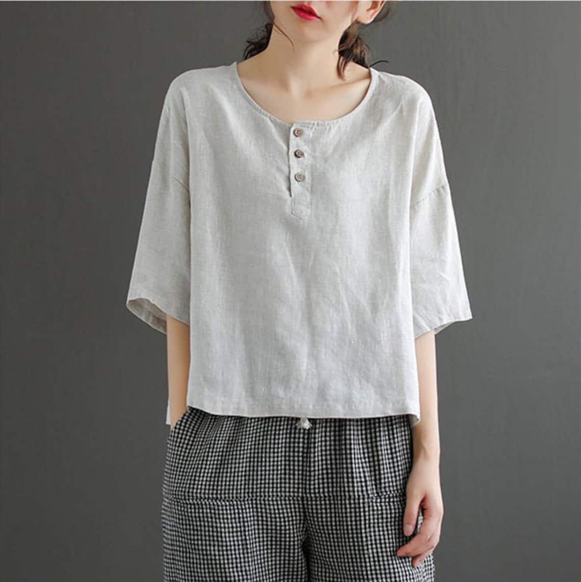 Women's pure linen tops short sleeves shirt loose linen Etsy