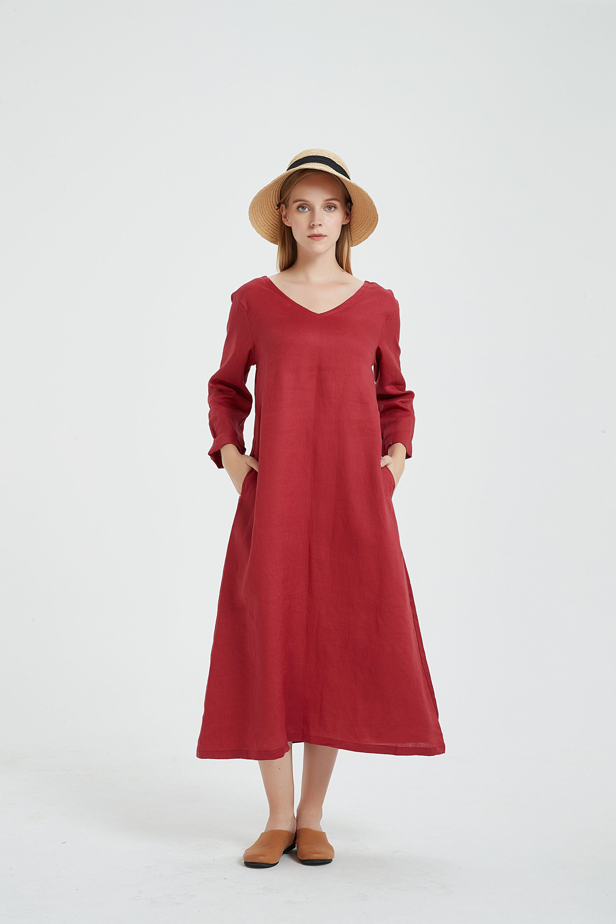 Red linen dress linen maxi dress long sleeve dresses with Etsy