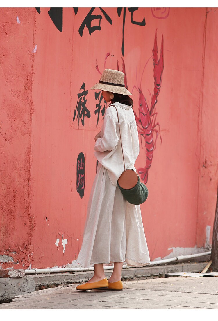 Women Summer Pure Color Stand Collar 100 Linen Shirt