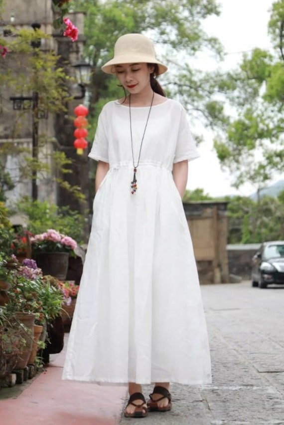 Women Linen Dress Half Sleeve Long Dress Elasticated Waist Dress with Pockets Loose Custom Plus Size Soft Casual Boho Beach Dress F480