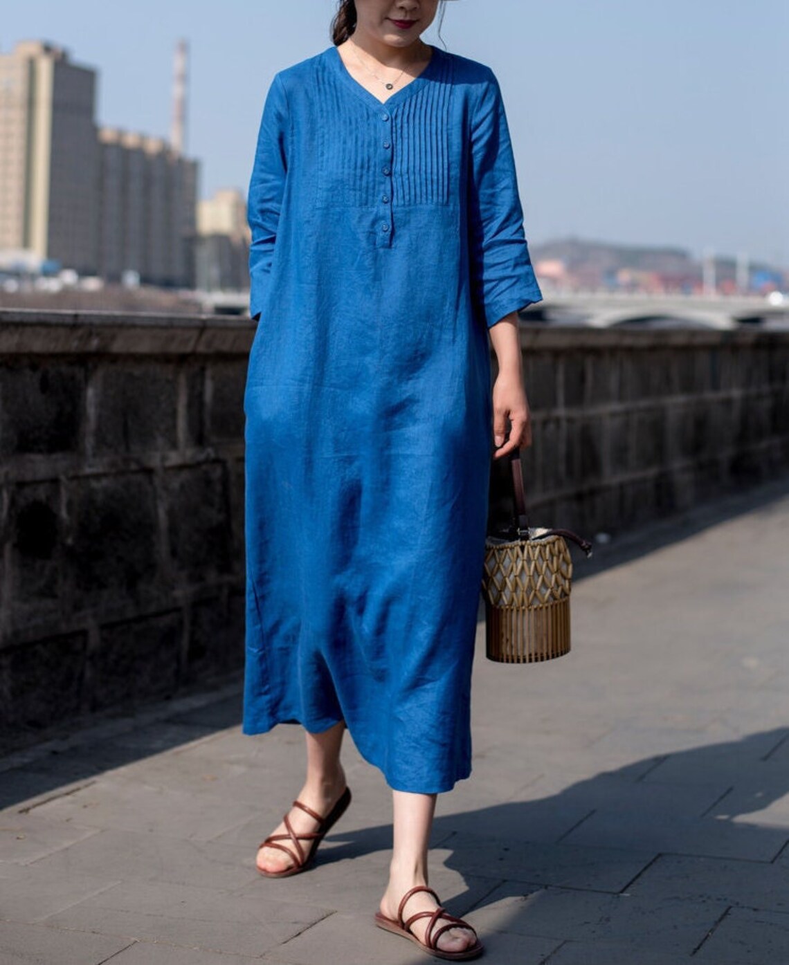 Women's Linen Dress Linen Maxi Dress Pleated Linen Long Etsy