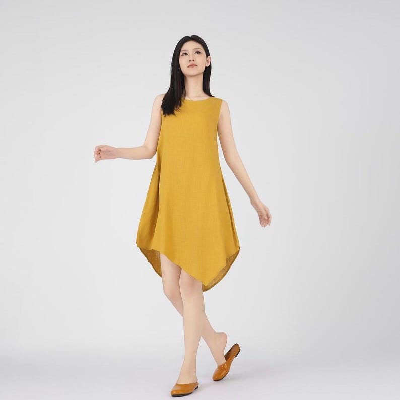 Robe en lin et coton pour femme, robe sans manches en lin, robe ample en lin, robe madi d'été, ourlet irrégulier, robe douce, robe asymétrique A66 image 6