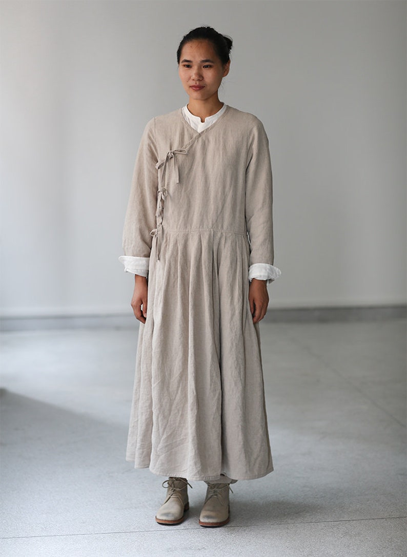 Women's linen dress, long sleeves dress, linen maxi dress, loose casual fall dress, oversized long dress, long robe, plus size dress N144 image 6