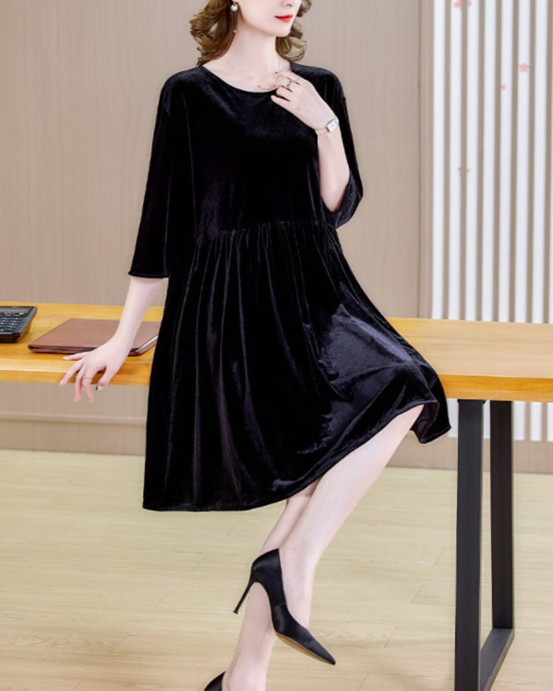 Velvet Dress Half Sleeves Dress Knee Length Velvet Dress Etsy