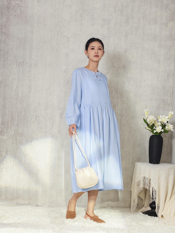 Oversized Long Sleeve Linen Dress with Side Pockets Casual Loose Fit Outfit M018