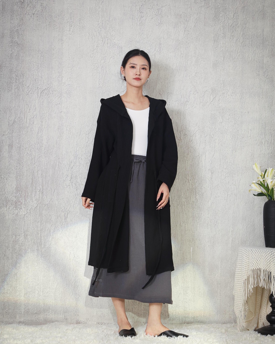 Big Oversized Robe Oversized Robe Retro Hooded Thickened Cotton Linen Coat Open Front ...