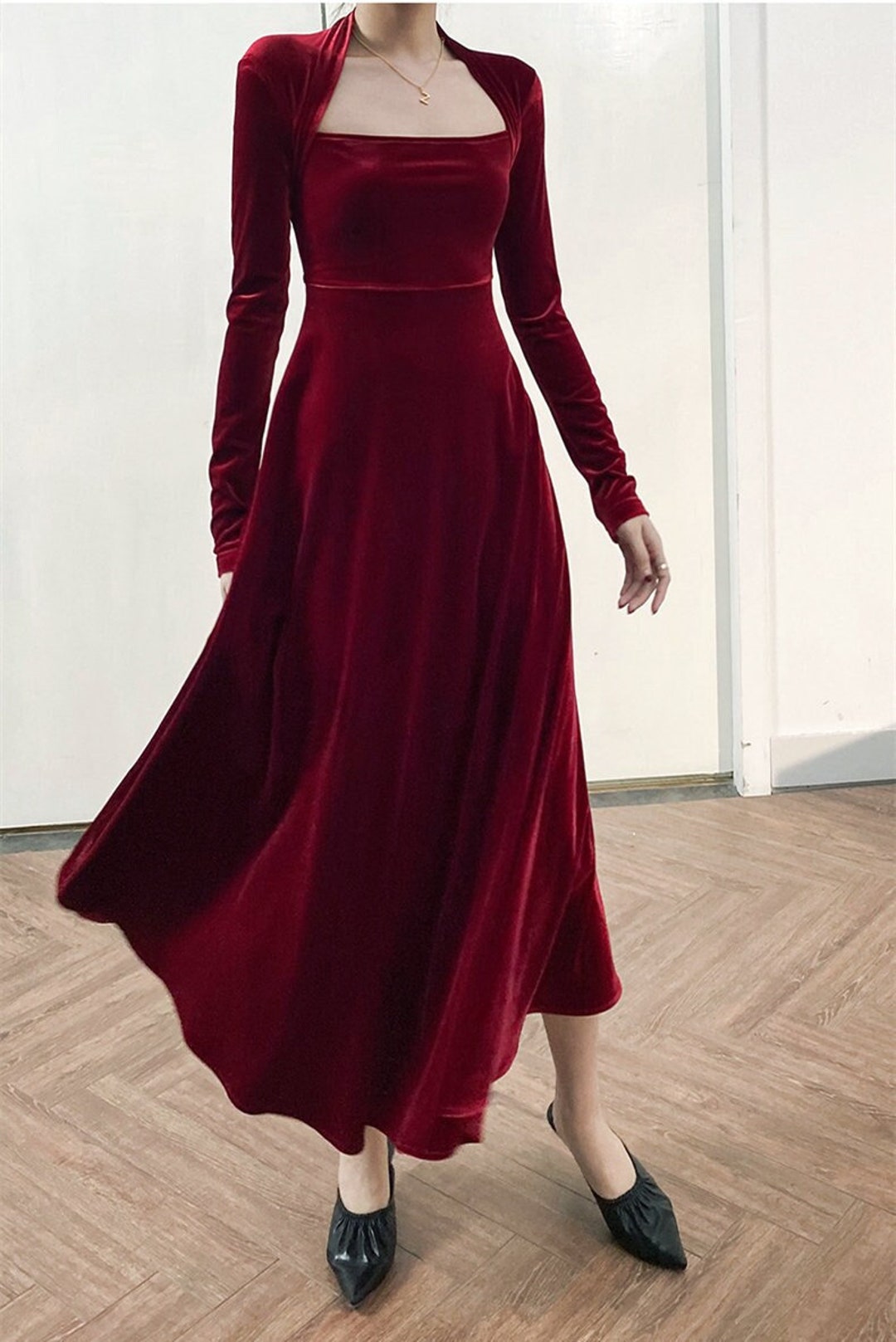 Double V Neck Long Sleeve High Slit Velvet Evening Dress - Ever-Pretty US