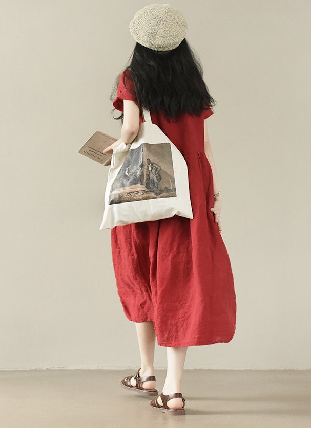 Women's Linen Short Sleeve Casual Midi Dress