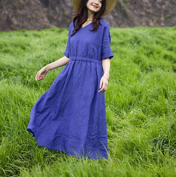 loose linen dresses uk Green Linen dress, Long Linen dress, Pleated Linen dress, Loose Linen dress, womens dresses with pockets, plus size dress, Ylistyle C358