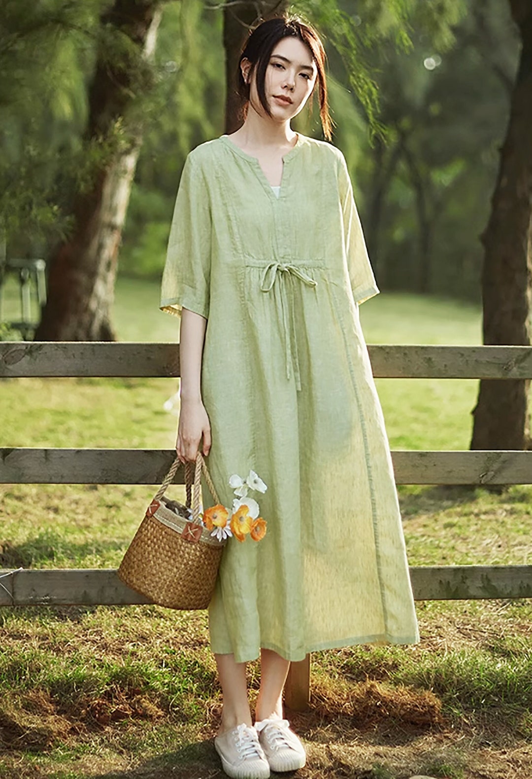 Women's 100% Linen Half Sleeves Dress Linen Maxi Dress Loose Flowy