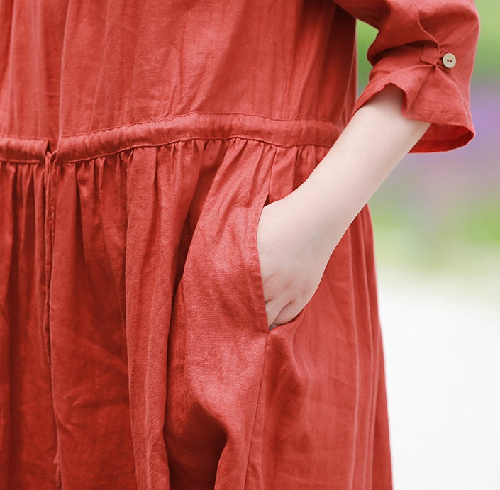 Women's Linen Dress Long Sleeves Linen Maxi Dress Loose Custom Oversized Dress Boho Soft Casual Fall Tunic Dress Belt Plus Size Clothing N47