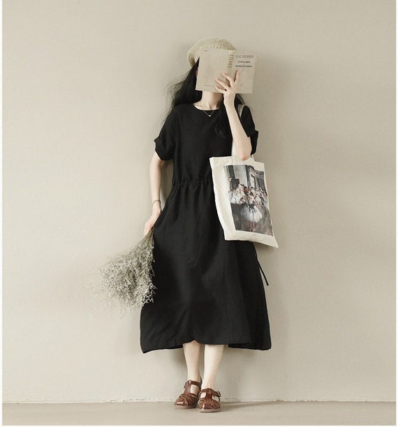 Women Summer Linen Dress Short Sleeves Linen Midi Dress Black Dress Loose Casual Tunic Robes Dress Oversized Plus Size Clothing A34-1