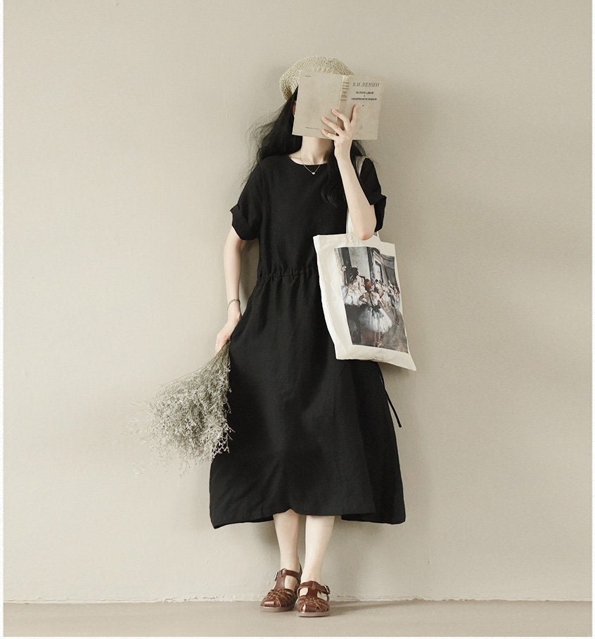 linen dresses aliexpress black Amara Ruched Midi Linen Dress in Noir Black main image 0