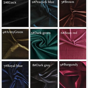 May include: Nine fabric swatches in different colors, including black, peacock blue, brown, army green, dark green, bean red, royal blue, dark gray, and burgundy.