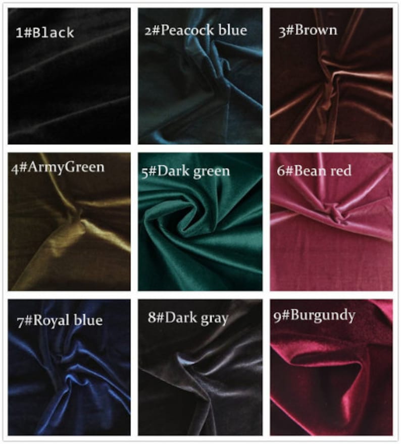 May include: Nine fabric swatches in different colors, including black, peacock blue, brown, army green, dark green, bean red, royal blue, dark gray, and burgundy.