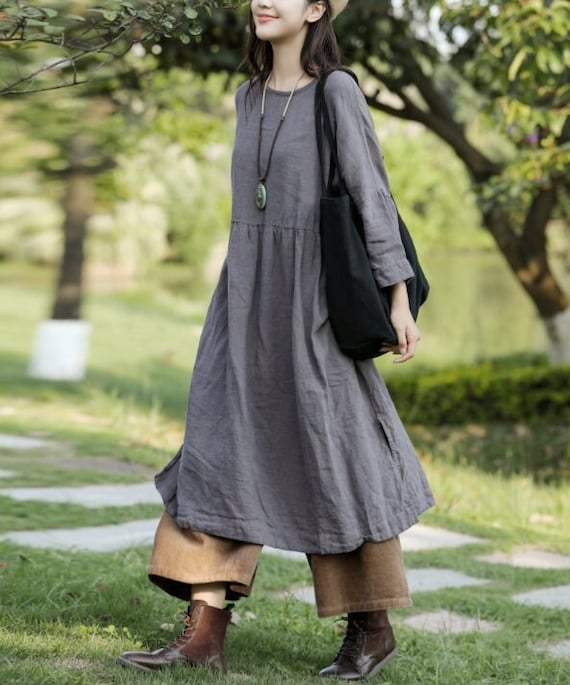 Women Cotton Linen Dresses Linen Midi Dress Long Dress Soft Loose