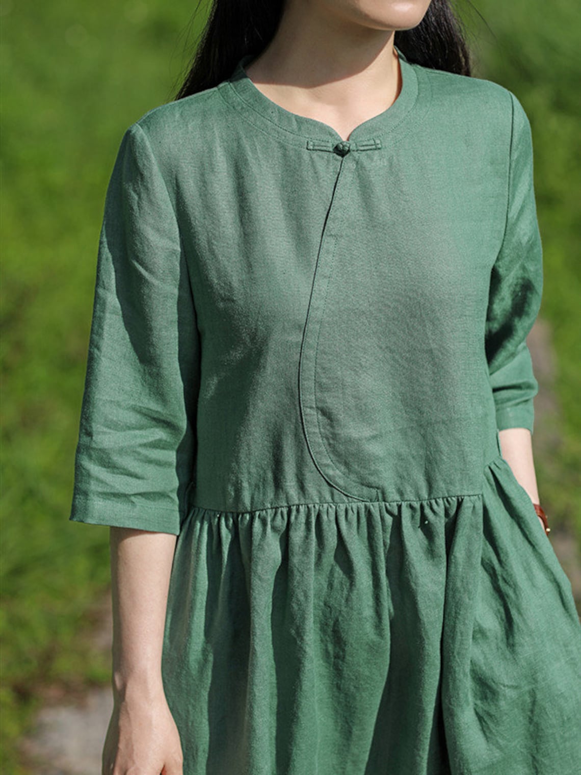 Women linen dress 3 - sage green colour linen cotton dress with embroidery