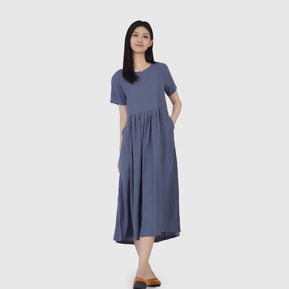 ladies cotton summer dress Women Linen Short Sleeve Dress Loose Casual Dress High Waist A-Line Dress Linen Boat-neckline Dress Vacation Wear A39 8 Oxblood
