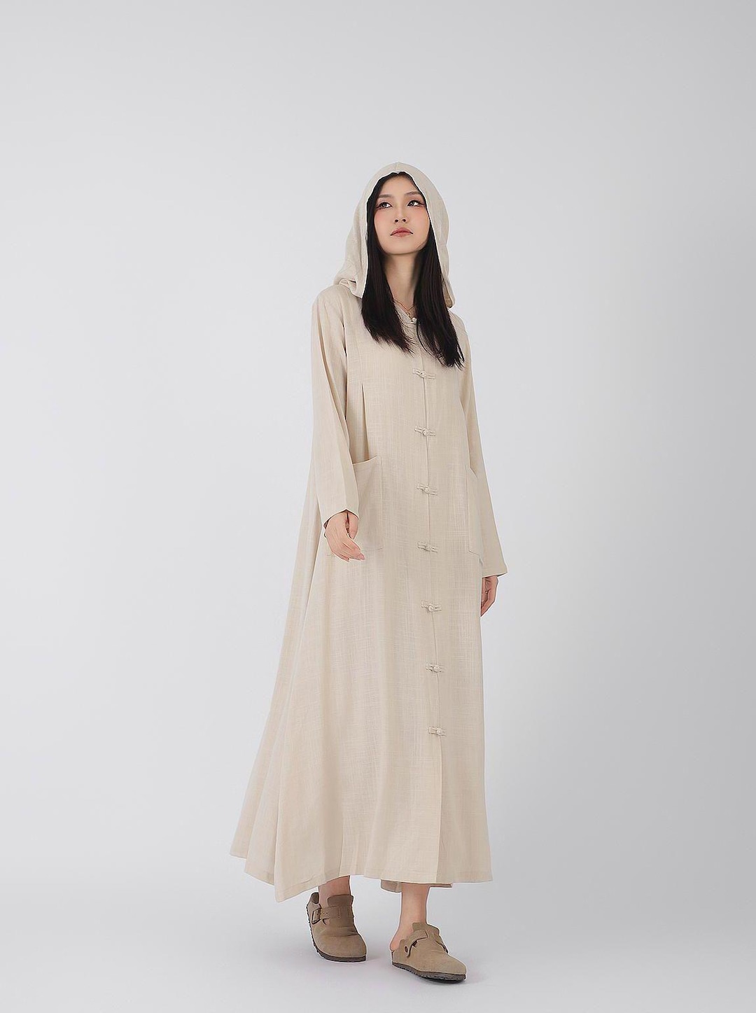 Women Cotton Linen Dresses With Pockets Long Hooded Coat Long Sleeve ...