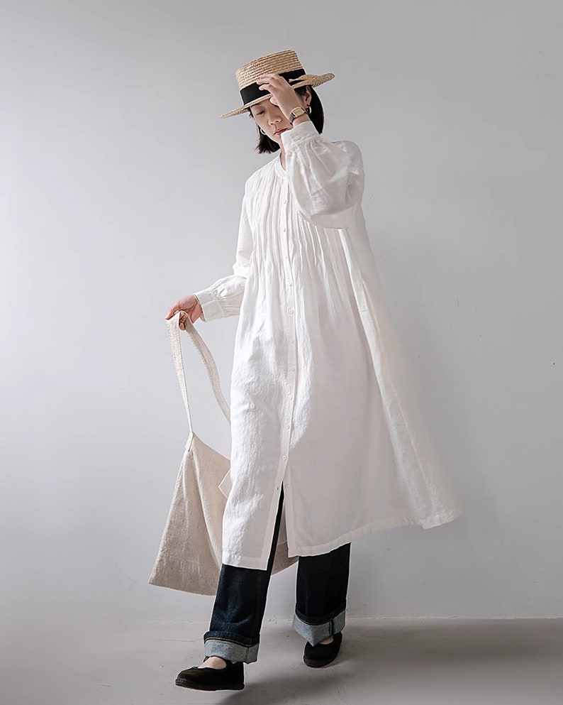 100% lin robes pour femmes lin manches longues robe longue décontractée douce surdimensionné lin robes robe ample manteau de lin grande taille robe N303 image 5