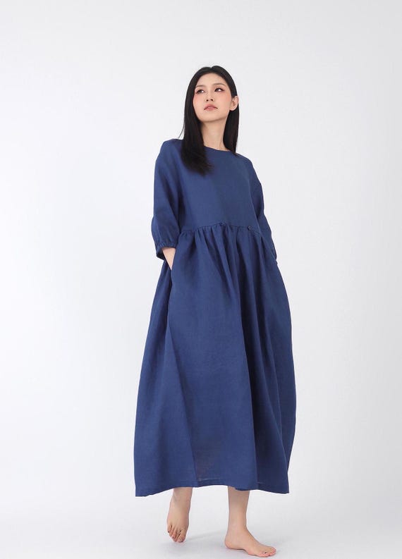 100% Linen Dresses With Pockets Mid-sleeved Maxi Dress With Inverted Pleat  Spring Summer Dress Plus Size Clothing Casual Handmade Dress F217