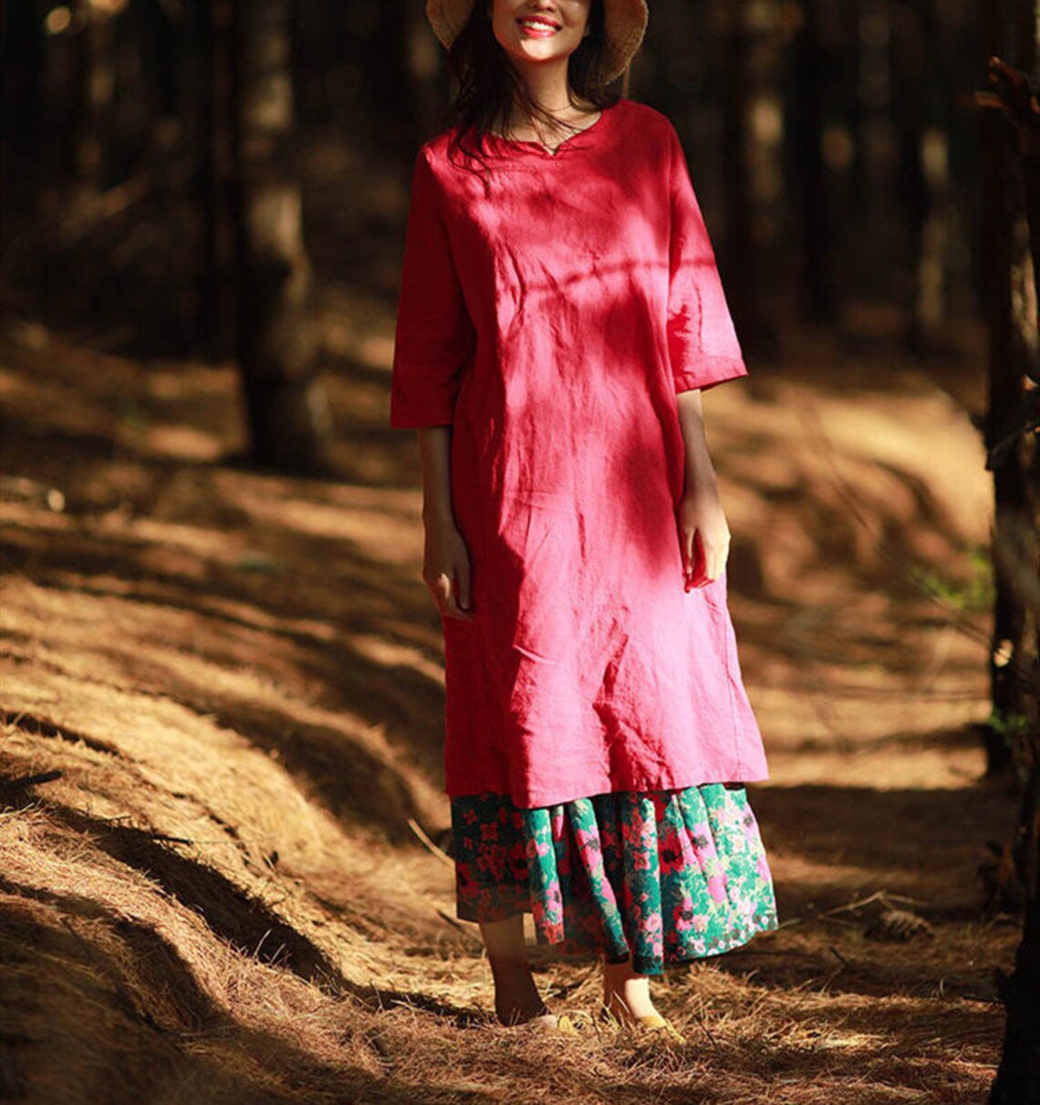 Red linen dress for women linen midi dress long sleeve dresses Etsy