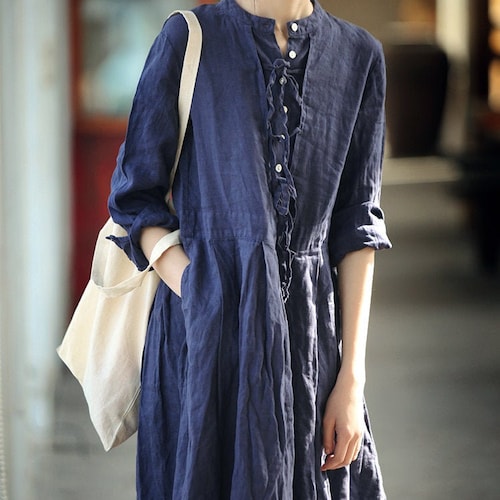 Women linen dresses midi dress 100% linen shirt dress loose casual long dress plus size dress soft summer fall hand made custom dress N46 Women linen dresses midi dress 100% linen shirt dress loose casual long dress plus size dress soft summer fall hand made custom dress N46