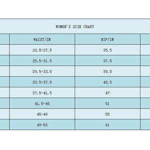 May include: A blue and white chart showing women's clothing sizes in inches. The chart lists tag size, waist, hip, and length measurements.