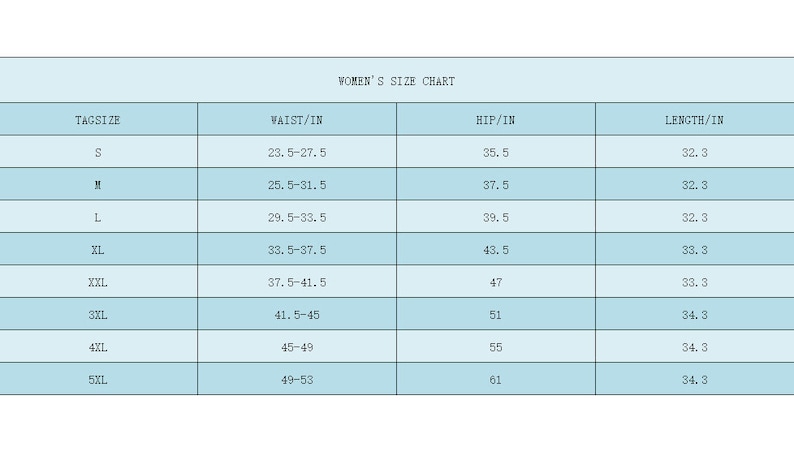 May include: A blue and white chart showing women's clothing sizes in inches. The chart lists tag size, waist, hip, and length measurements.