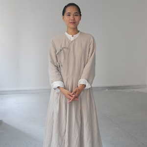 Women's linen dress, long sleeves dress, linen maxi dress, loose casual fall dress, oversized long dress, long robe, plus size dress N144 image 5