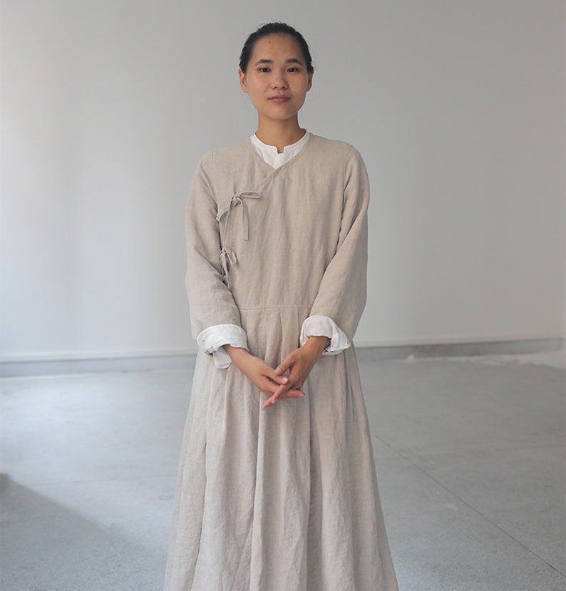 Women's linen dress, long sleeves dress, linen maxi dress, loose casual fall dress, oversized long dress, long robe, plus size dress N144 image 5