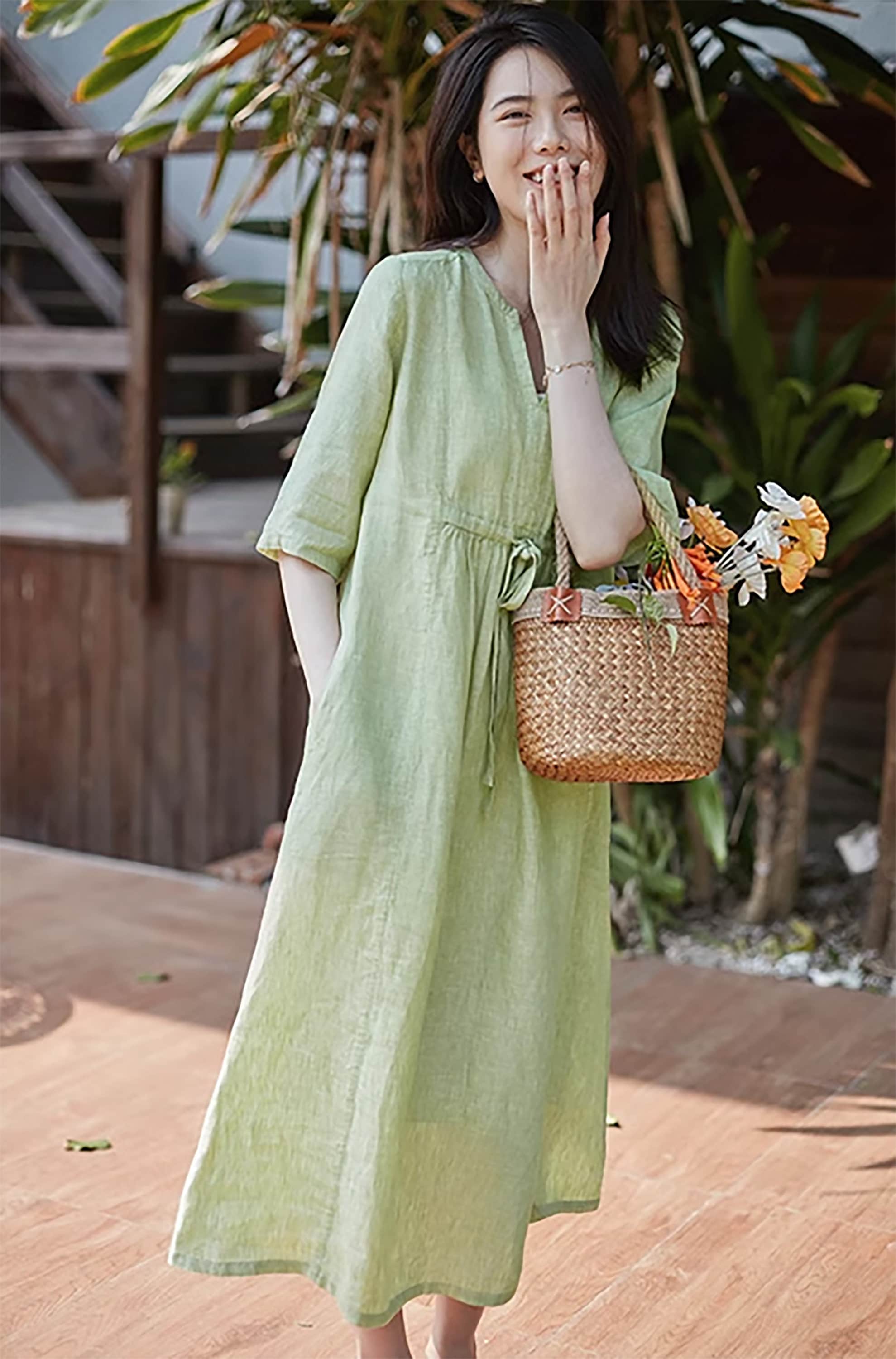 Women's 100% Linen Half Sleeves Dress Linen Maxi Dress Loose