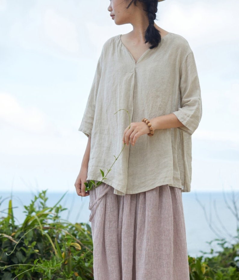 Womens linen tops pure linen blouse loose linen shirt v neck shirts 3/4 sleeves plus size clothing customized blouses boho summer tops N132 image 1