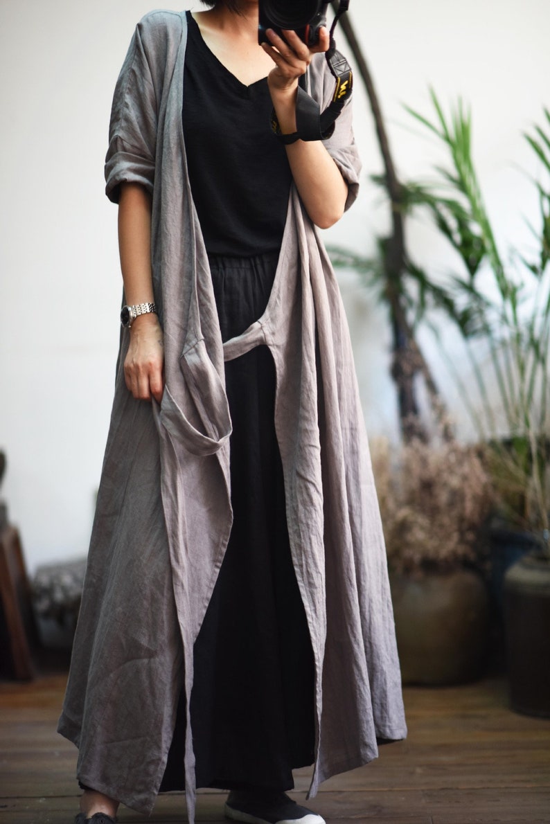 Women linen dresses, pure linen dress, wrap linen dress, linen tunic dress with belt maxi dress plus size clothing, linen clothing boho F355 zdjęcie 3