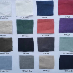 May include: A color chart of 15 fabric swatches, each labeled with a number and color name. The colors include snow white, milk white, blue, red, linen, green, orange, purple, army green, black, gray, light green, light blue, light gray, taupe, and cyan blue.