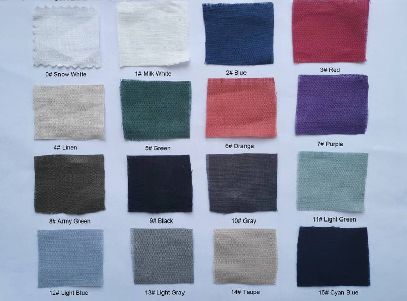 May include: A color chart of 15 fabric swatches, each labeled with a number and color name. The colors include snow white, milk white, blue, red, linen, green, orange, purple, army green, black, gray, light green, light blue, light gray, taupe, and cyan blue.