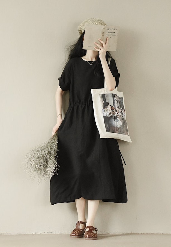 Women's Linen Maxi Dress Short Sleeves Dress Fall Spring Long Dress Pure Linen Dresses Women Dress Soft Casual Plus Size Dress Boho F542