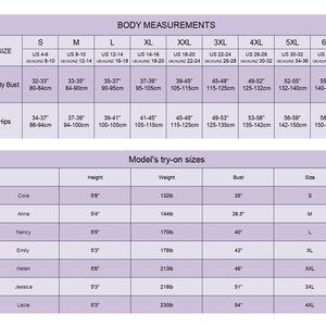 May include: A chart showing body measurements for different sizes, from S to 6XL, in inches and centimetres. The chart also includes a section for model's try-on sizes, showing the height, weight, bust, and size of different models.