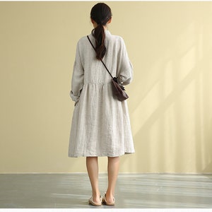 Boho Linen Long Sleeves Dress for Women Linen Midi shirt dress plus size linen dress loose casual handmade dress soft fall dress N34 image 4