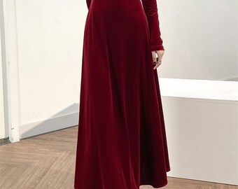 Rust Velvet Dress - Long Sleeve Maxi Dress - Square Neck Dress