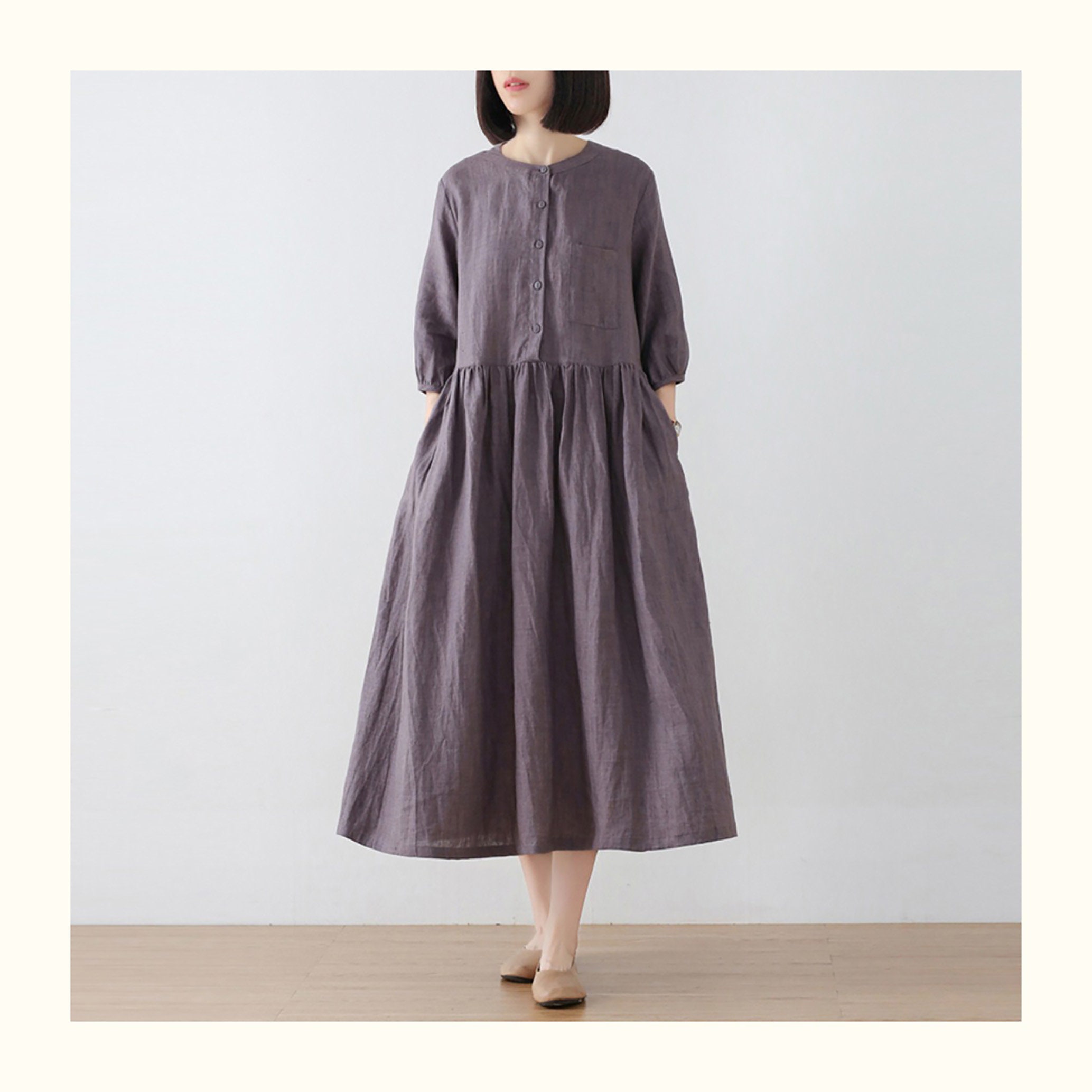 Women's Linen Maxi Dress Linen Clothing Half Sleeves Dress