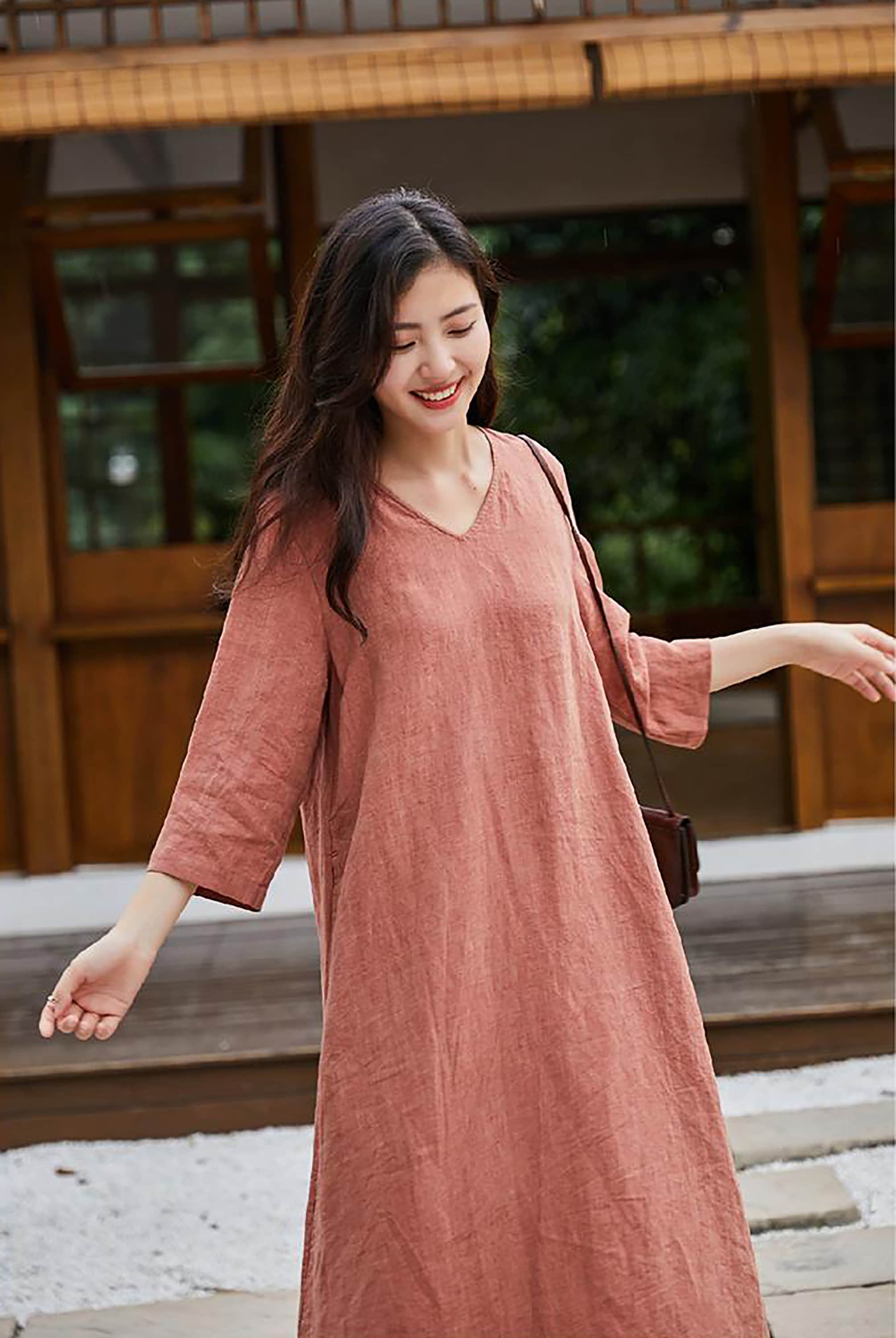 100% Linen Long Dress V-neck Dresses for Women Loose Casual 3/4 