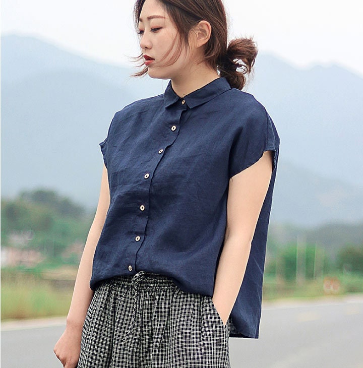 Bnaln Linen Shirts For Women 2025 Casual Loose Fit Summer Boho Tops Crew Neck Buttons Trendy Short Sleeve Foral Blouses Plus Size Tshirts Going Tops Bagg