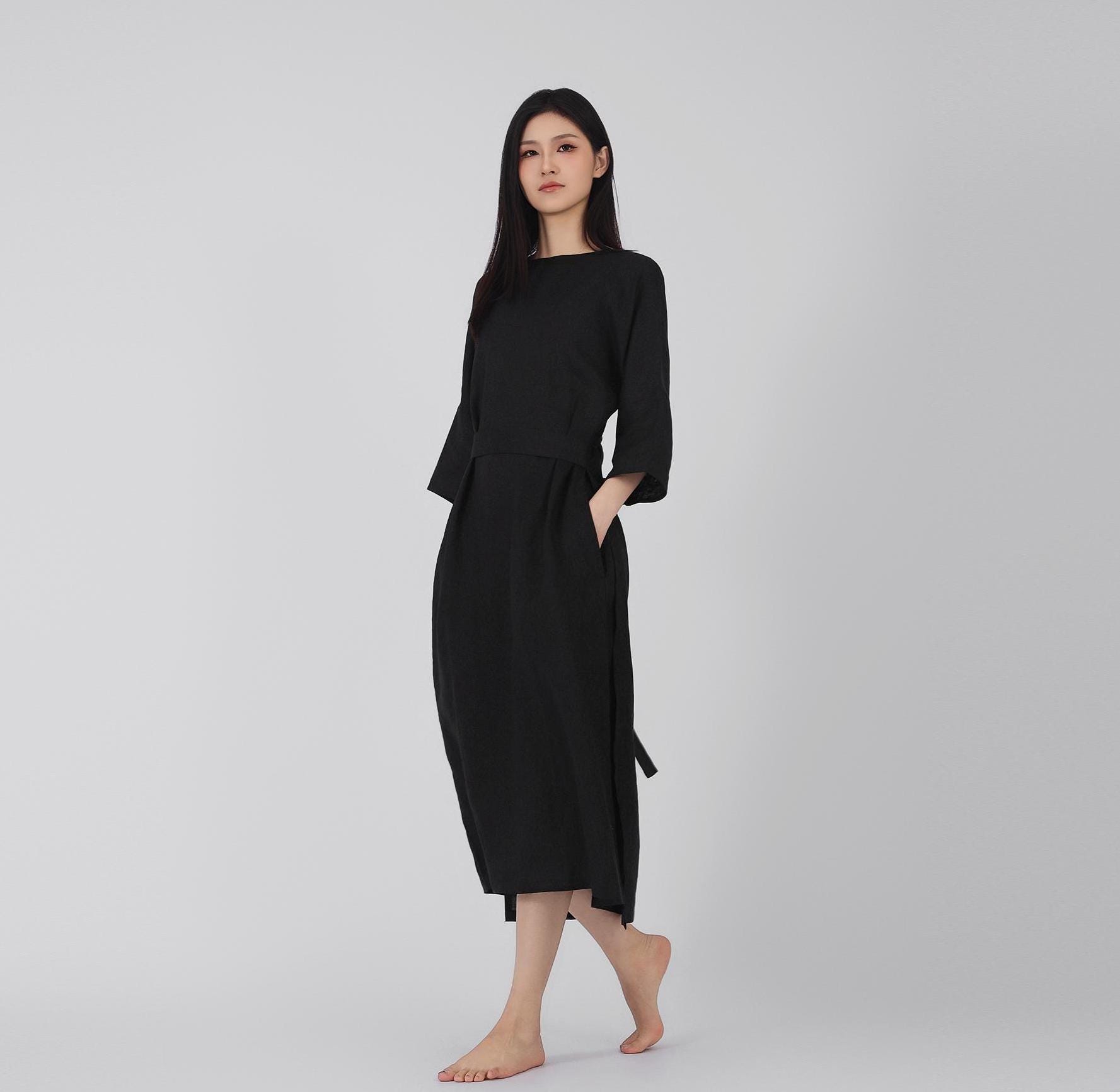 Women's pure linen dresses wrap linen dress linen tunic dress with belt maxi dress plus size clothing linen  boho handmade clothing F355