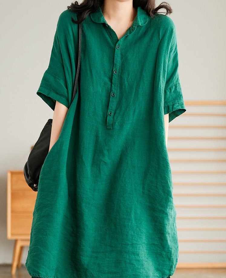 Women's Linen Dress Short Sleeves Dress Linen Midi Shirt - Etsy