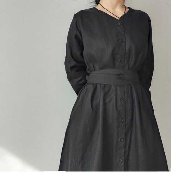 Linen Dress for Women Long Sleeves Linen Maxi Dress Waist Belt
